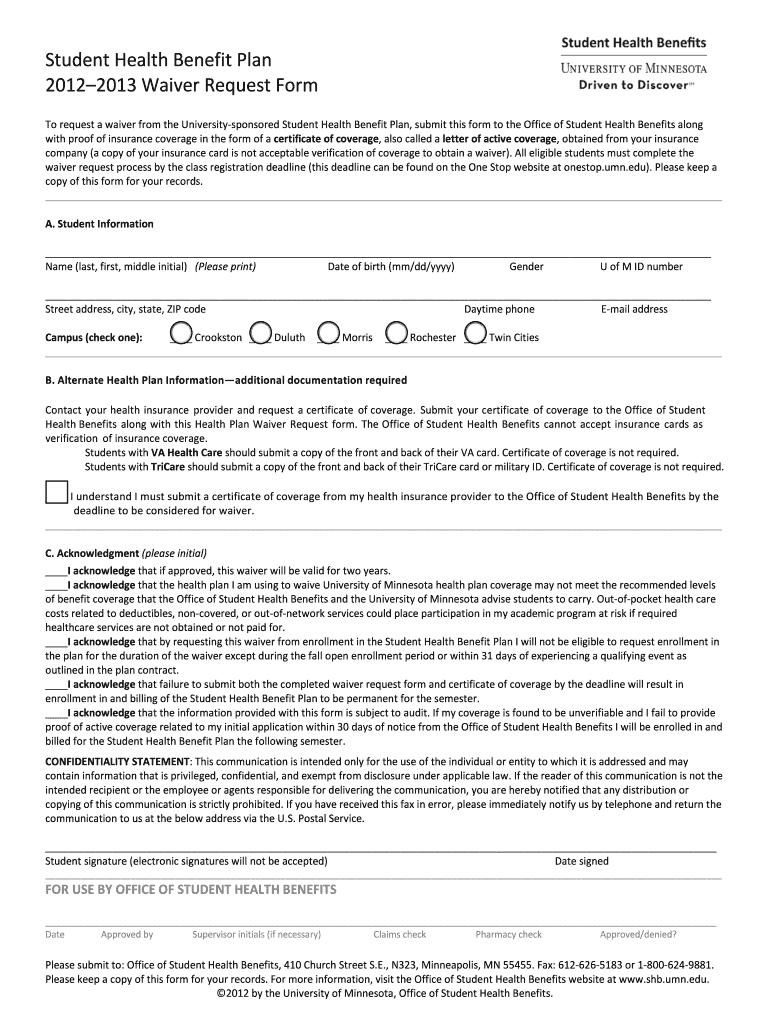 SHBP Waiver Request Form Shb Umn