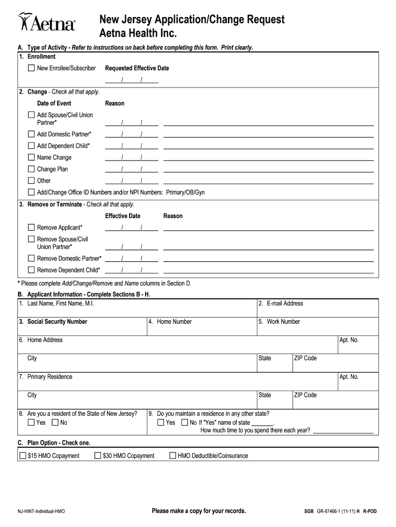 New Jersey ApplicationChange Request Aetna Health Inc  Form