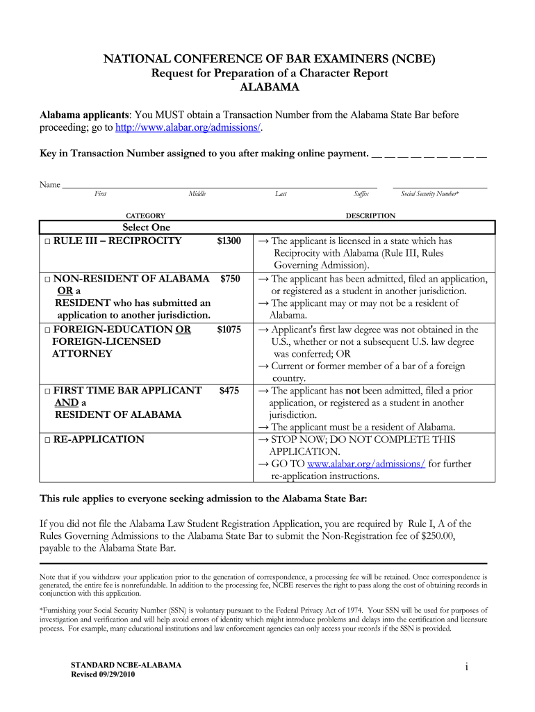  Standard Ncbe Forms Alabama 2010-2024