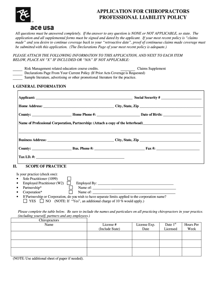 APPLICATION for CHIROPRACTORS PROFESSIONAL LIABILITY  Form