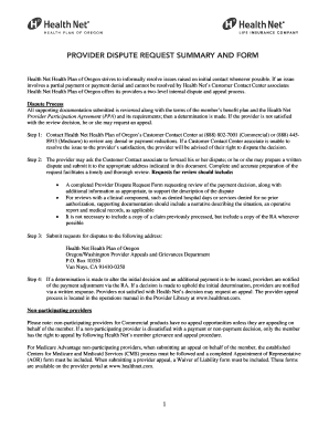  Healthnet Provider Dispute Request Summary and Form 2011