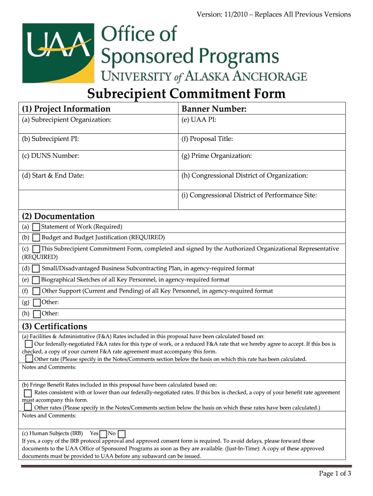 Subrecipient Commitment Form  University of Alaska Anchorage  Uaa Alaska