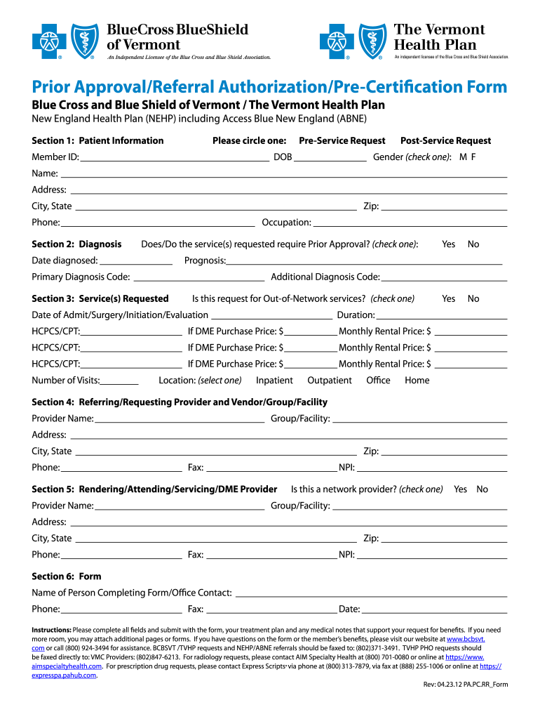Printable Blue Cross and Blue Shield Precertification Forms Fill Out