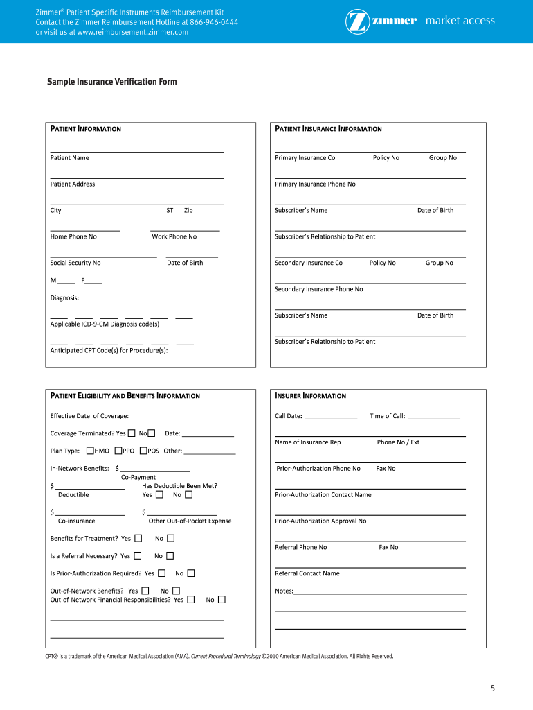 Printable Insurance Verification Form