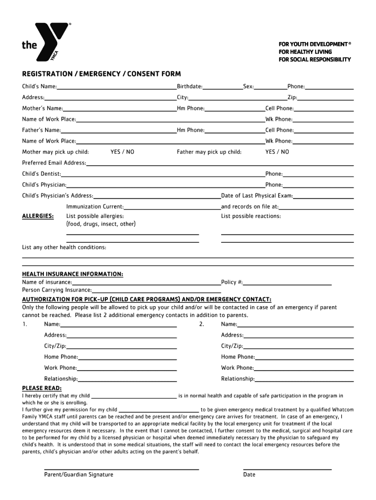 REGISTRATION EMERGENCY CONSENT FORM  Whatcomymca