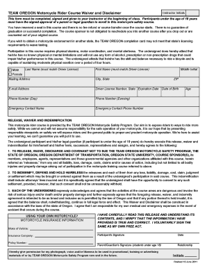 Team Oregon Motorcycle Rider Course Waiver and Disclaimer Form