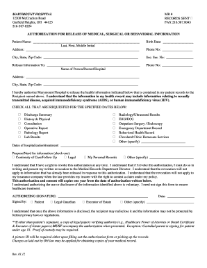 Marymount Hospital Medical Records  Form