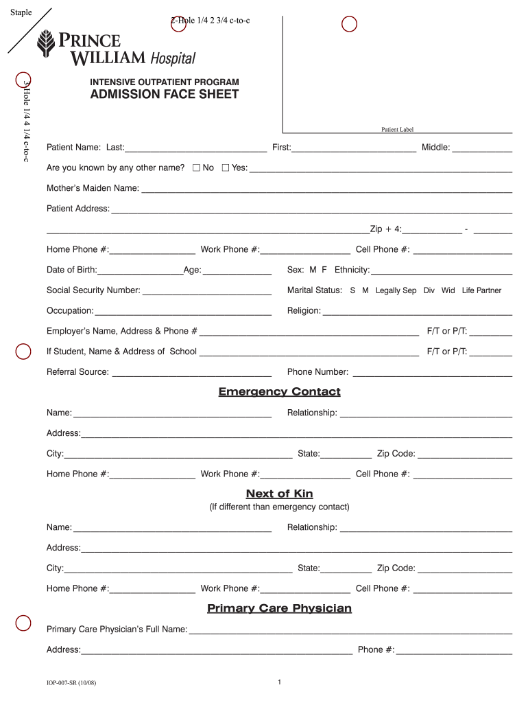  Face Sheet Template 2008-2024