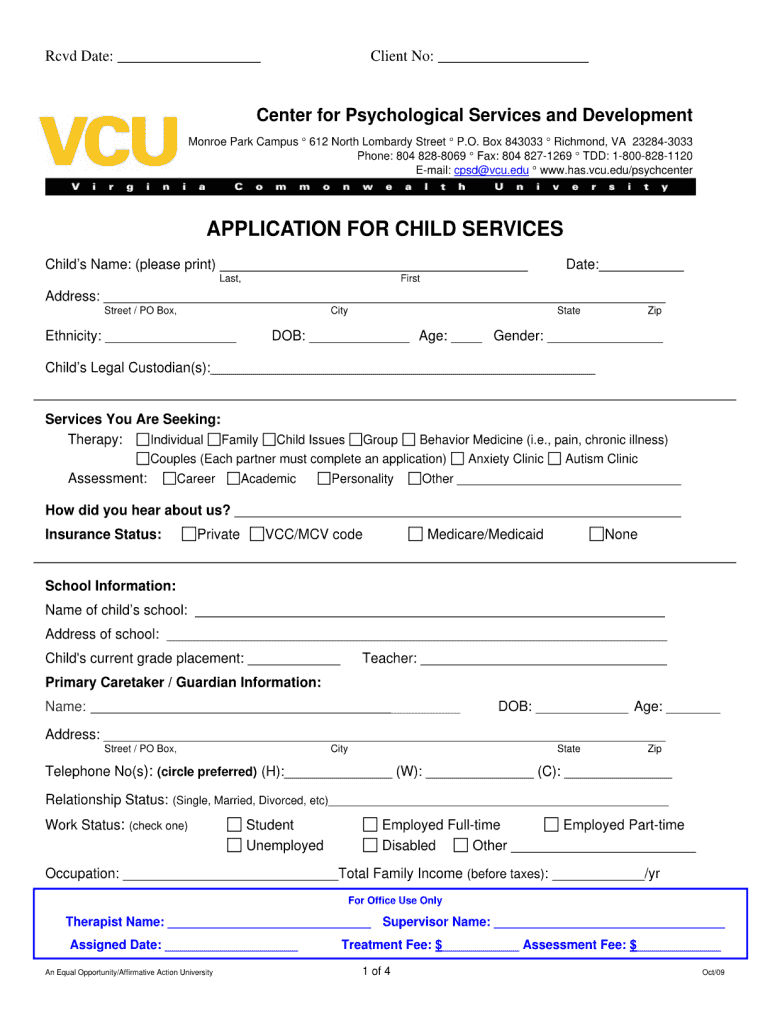 APPLICATION for CHILD SERVICES  Has Vcu  Form