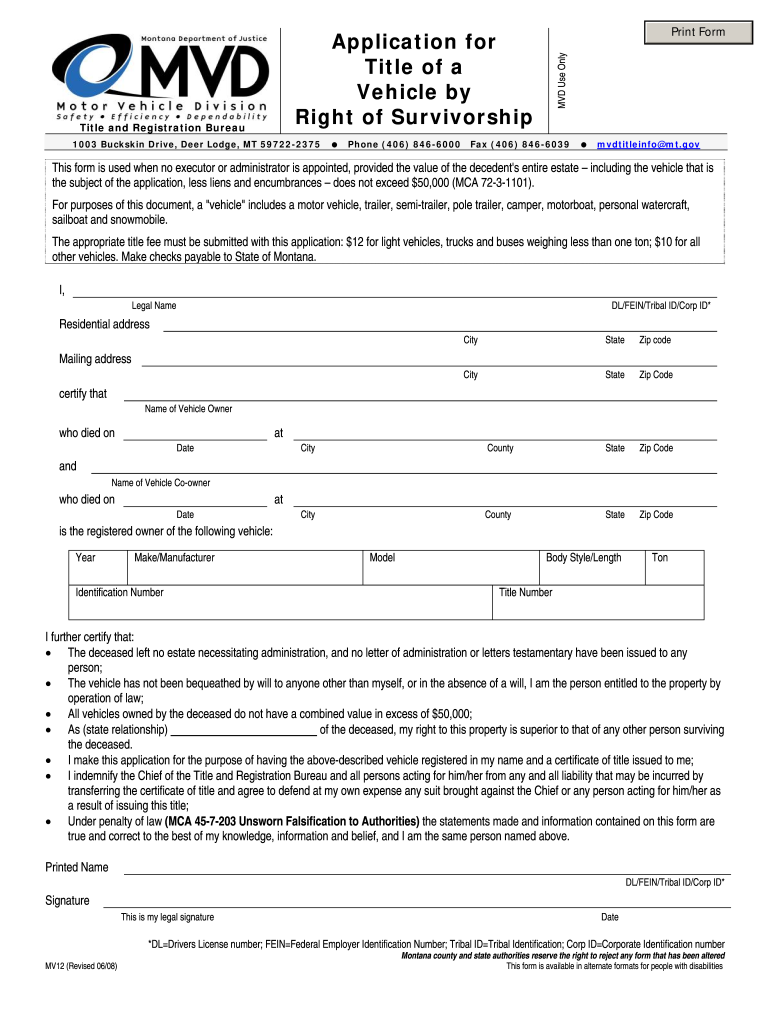  Right of Survivoship Montana Mv12  Form 2008