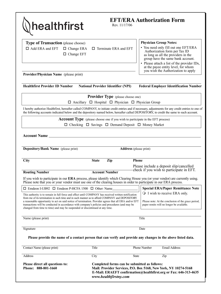 Healthfirst Eft Authorization Form