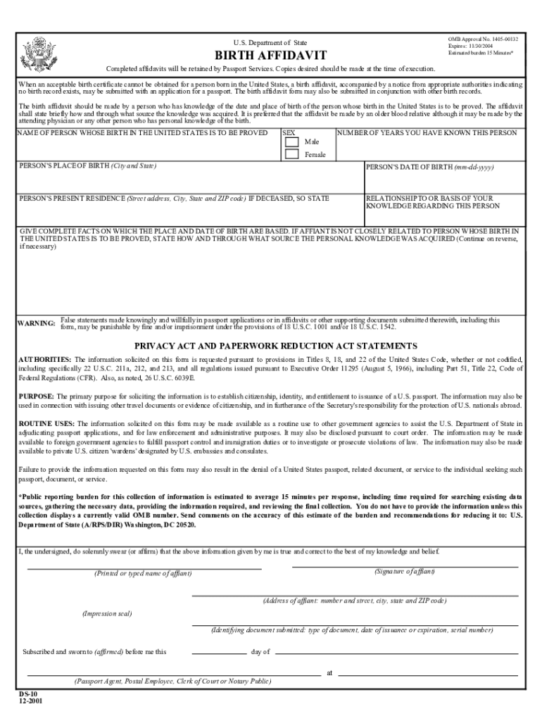 Get and Sign Birth Affidavit Ds 10 07 2001 Form