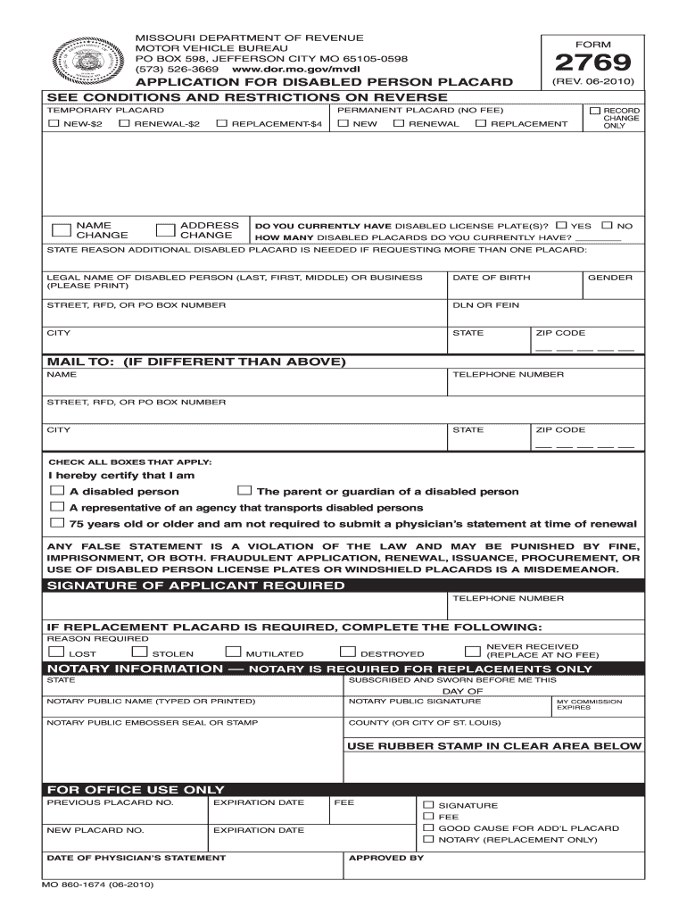  Missouri Handicap Placard Form 2010-2024