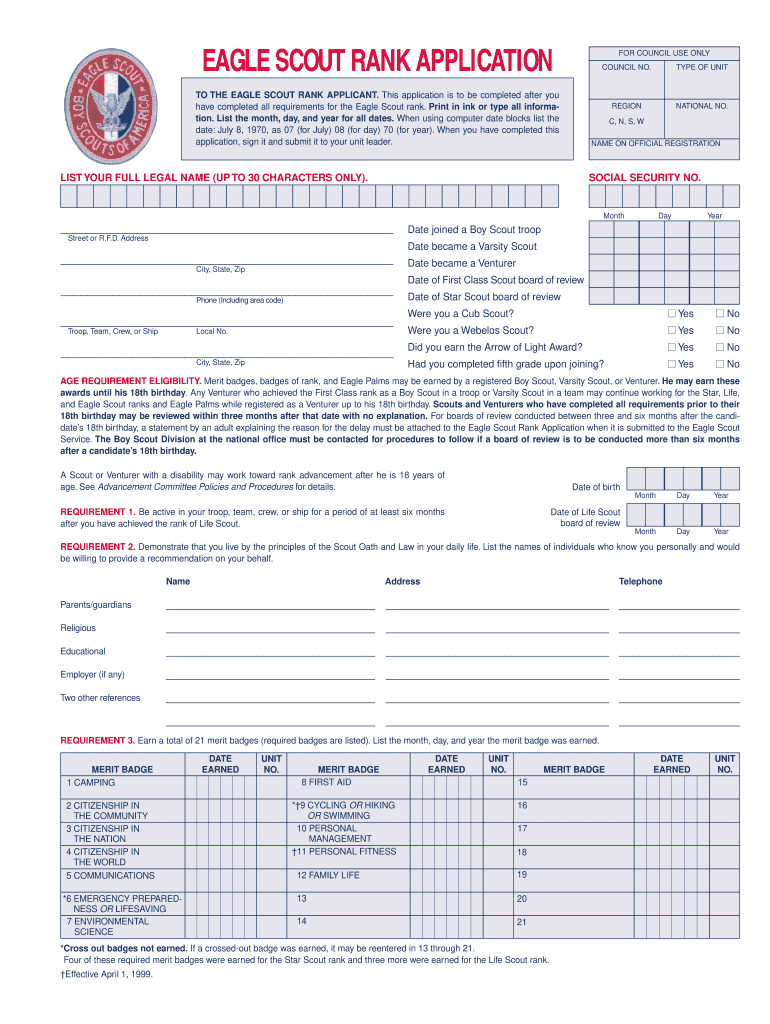  Eagle Scout Rank Application 58 728a Form 2001