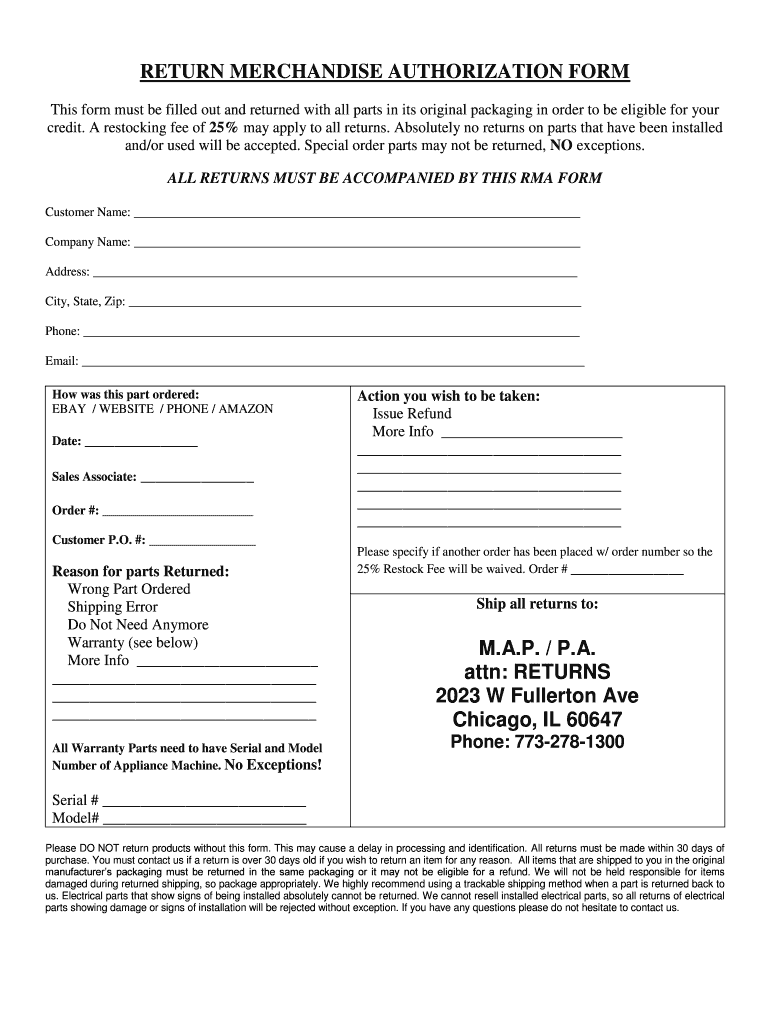 RMA FORM  Midwest Appliance Parts