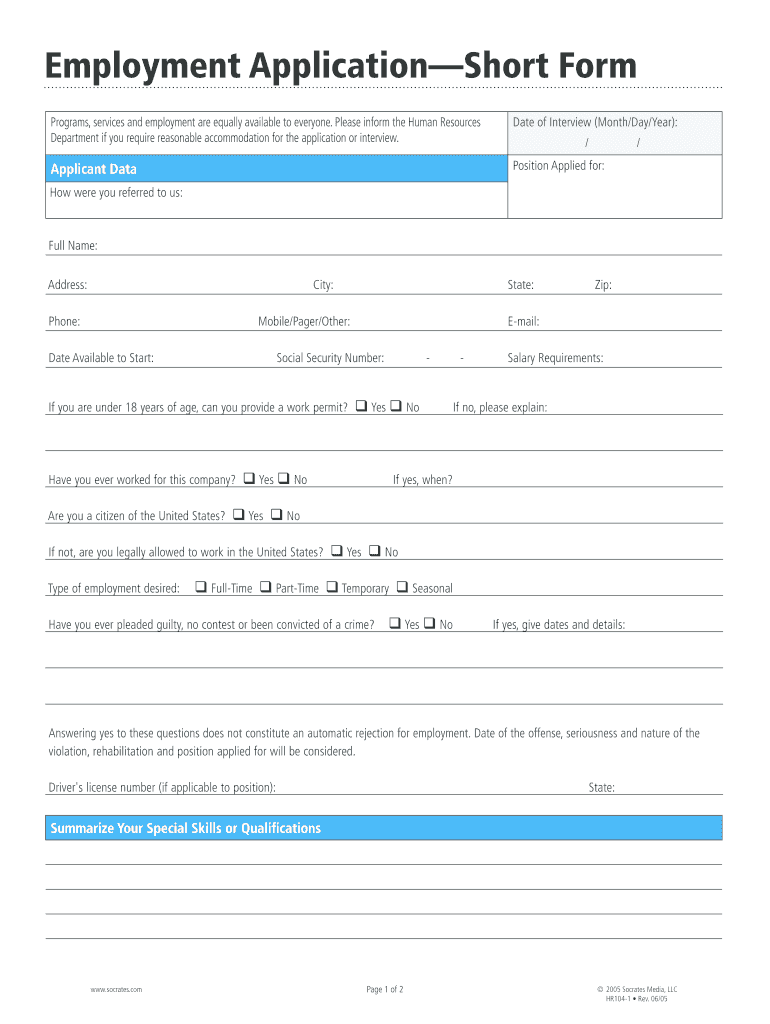 Employment Application Short Form