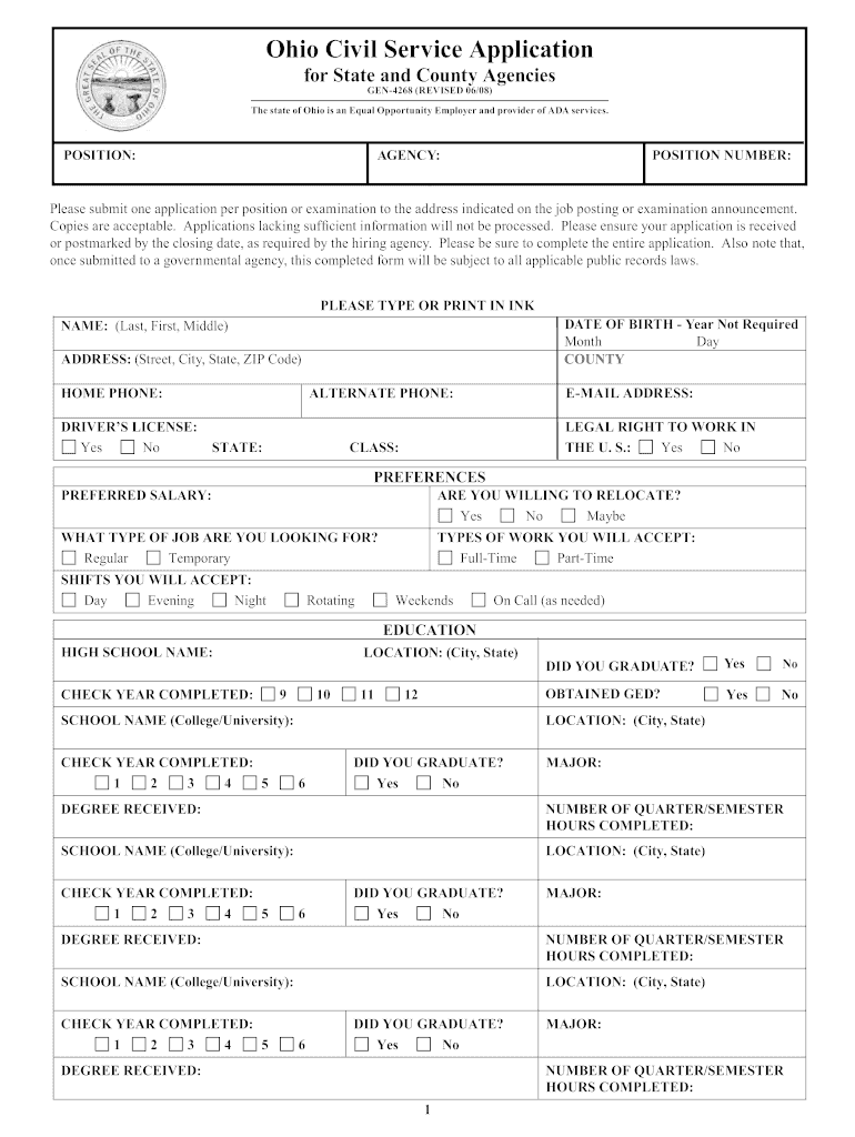 Ohio Civil Service Application for State and County Agencies Form