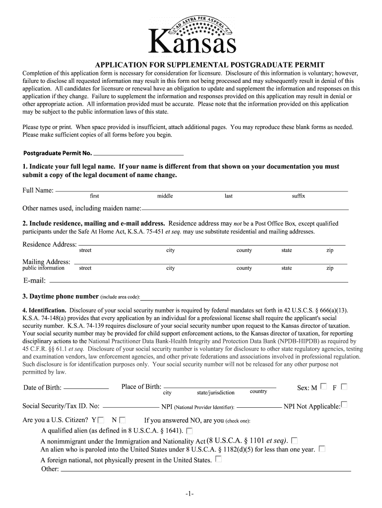 Post Graduate Supplemental Permit Application  Kansas State    Ksbha  Form