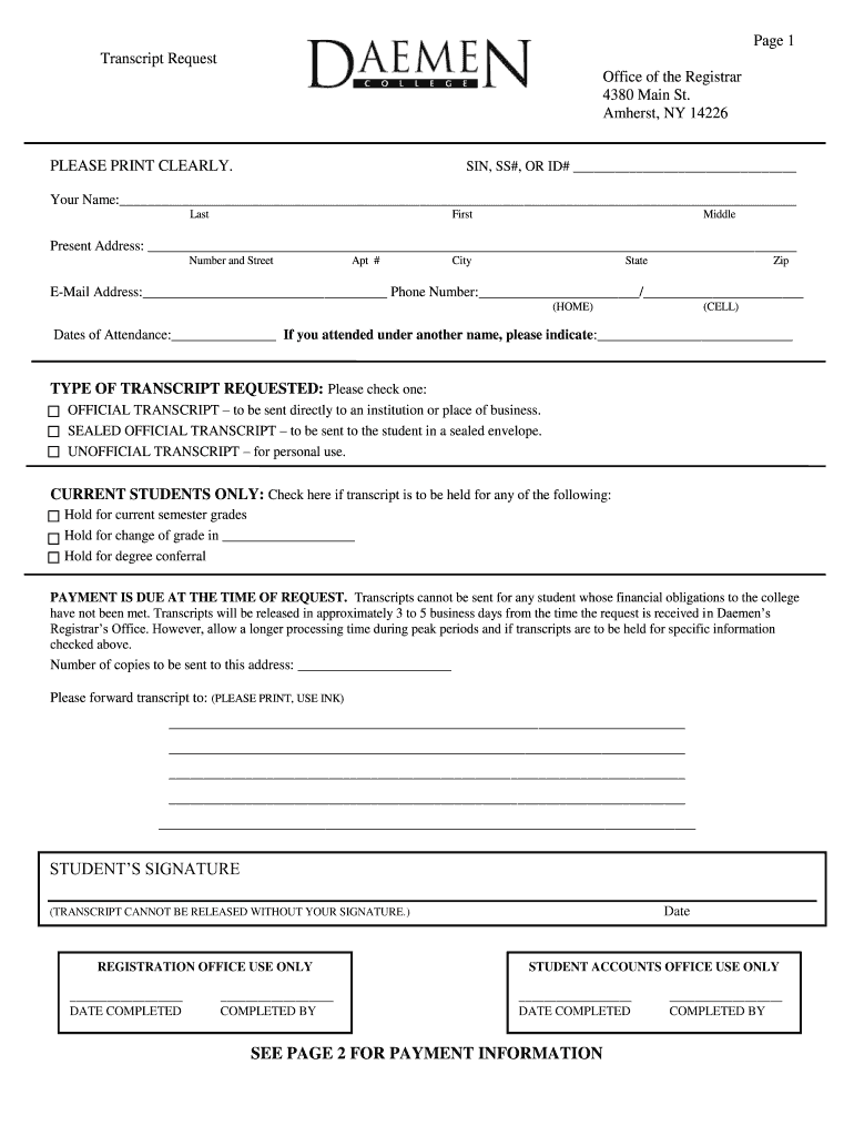 Get and Sign Daemen College Transcript Request  Form