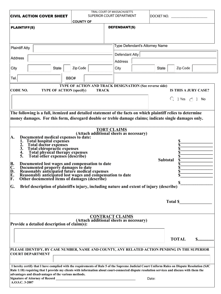 Get and Sign Civial Action Cover Sheet Barnstable Superior Court 2007-2022 Form