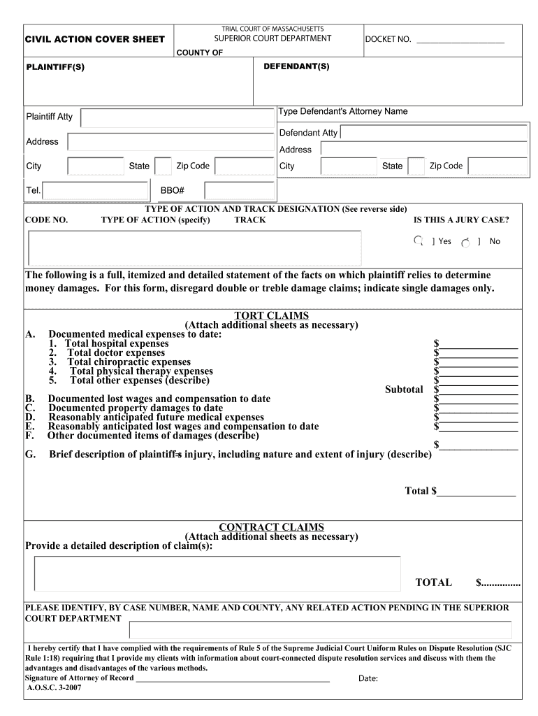  Civial Action Cover Sheet Barnstable Superior Court 2007-2024