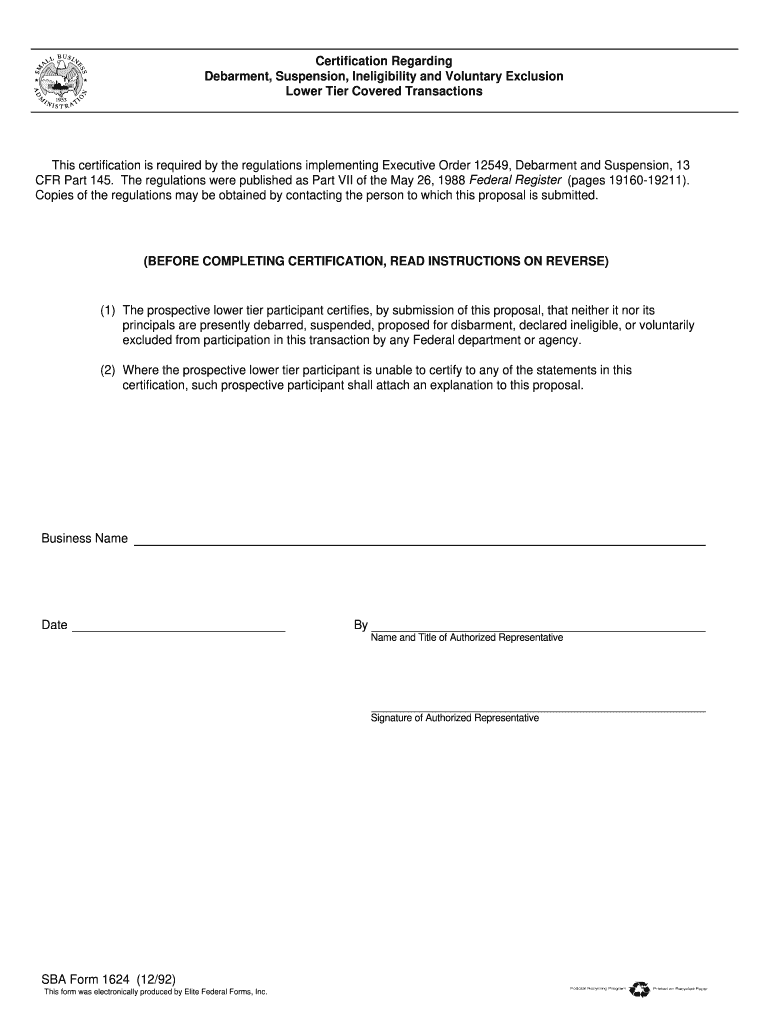 SBA Form 1624 Certificate Regarding Debar, Etc