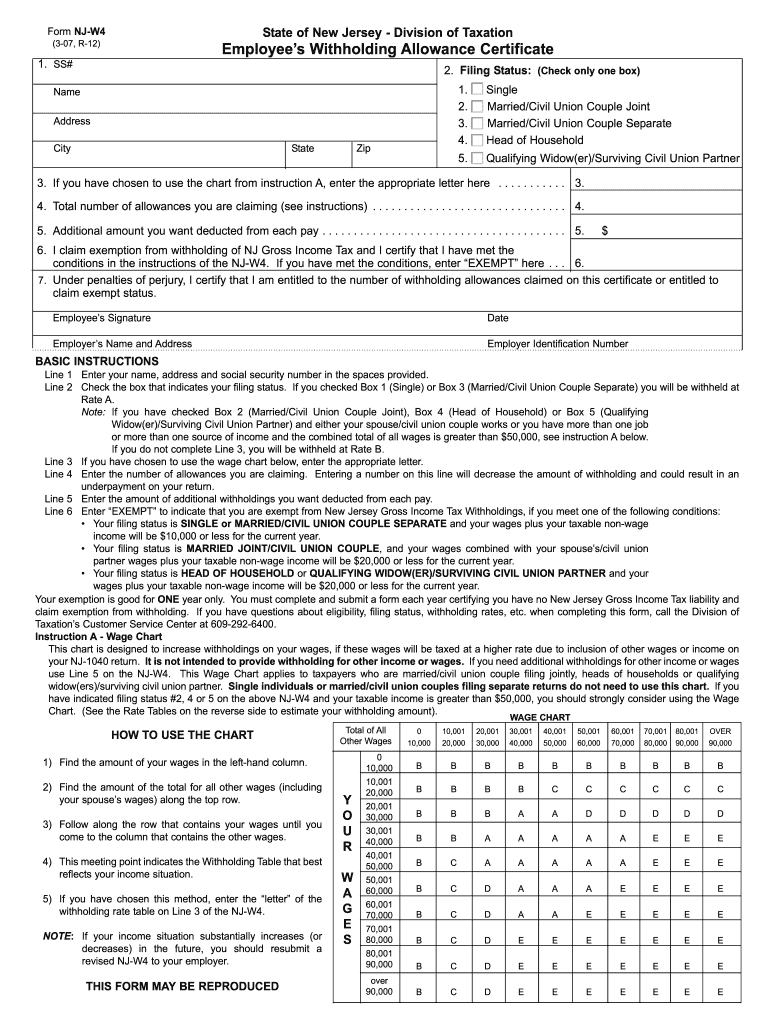  Form Nj W4 3 07 R 12 2018