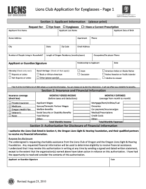 Lions Club Glasses Application  Form