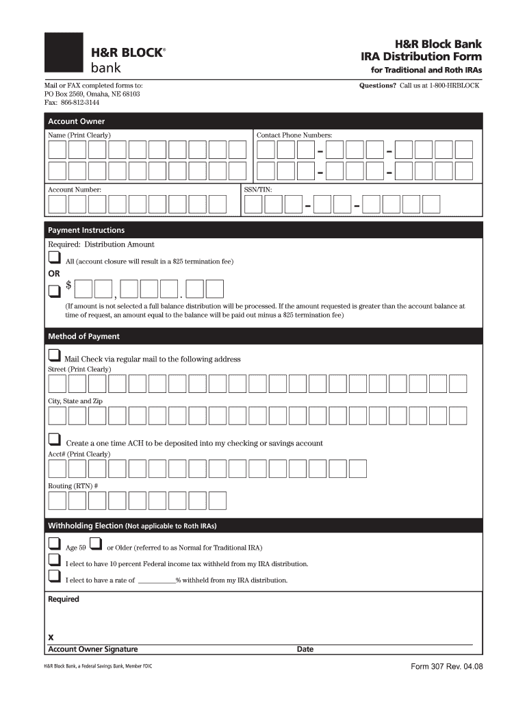  $ ,  H&R Block Bank IRA Distribution Form 2008