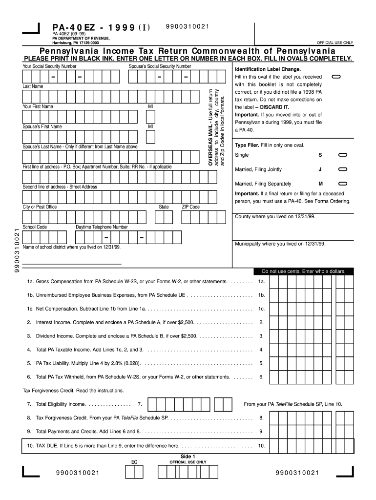  PA Individual Income Tax Return Short Form PA  40EZ  Cs Cmu 1999