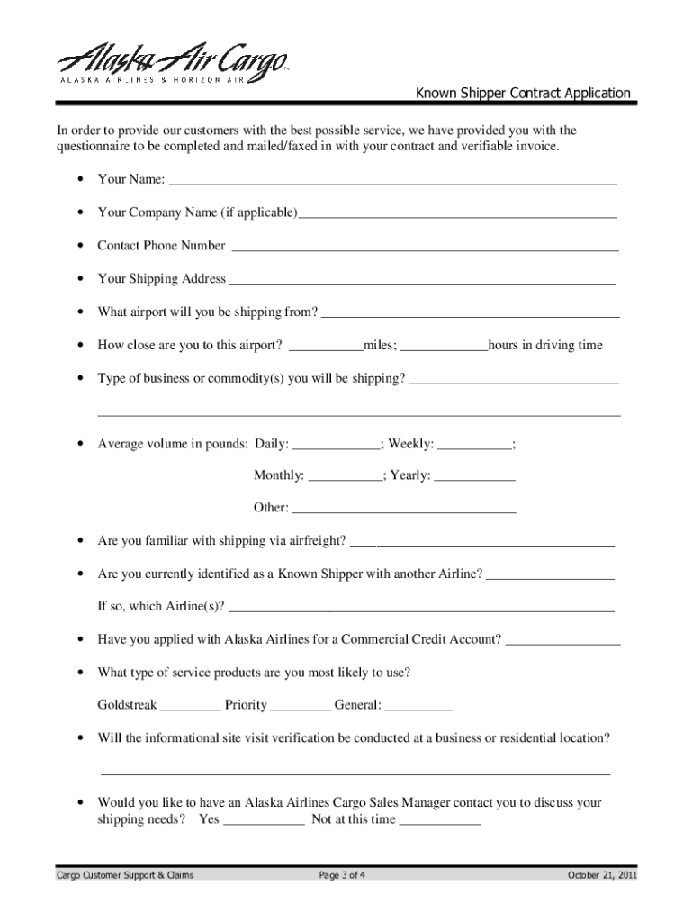 Get and Sign Known Shipper Alaska Airlines 2011-2022 Form