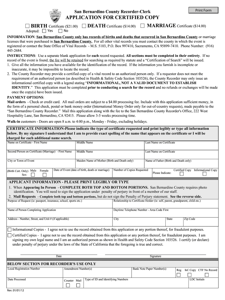 San Bernardino County Recorder Clerk Application Certified Copy Form