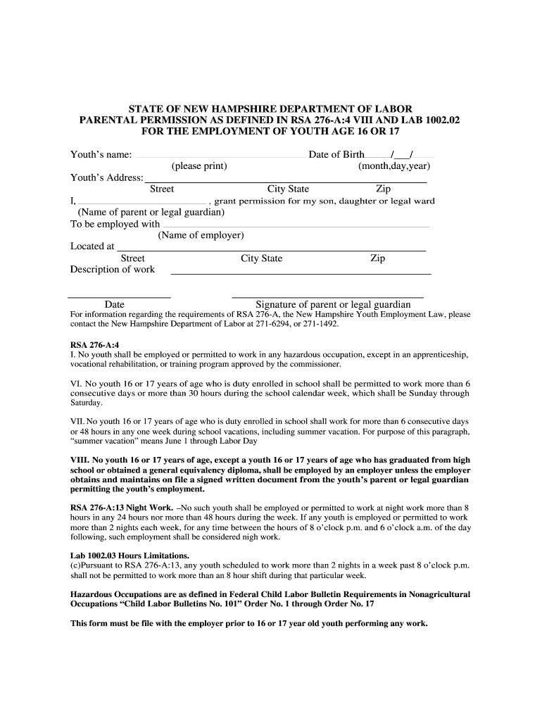 Parental Permission Form to Work in Nh