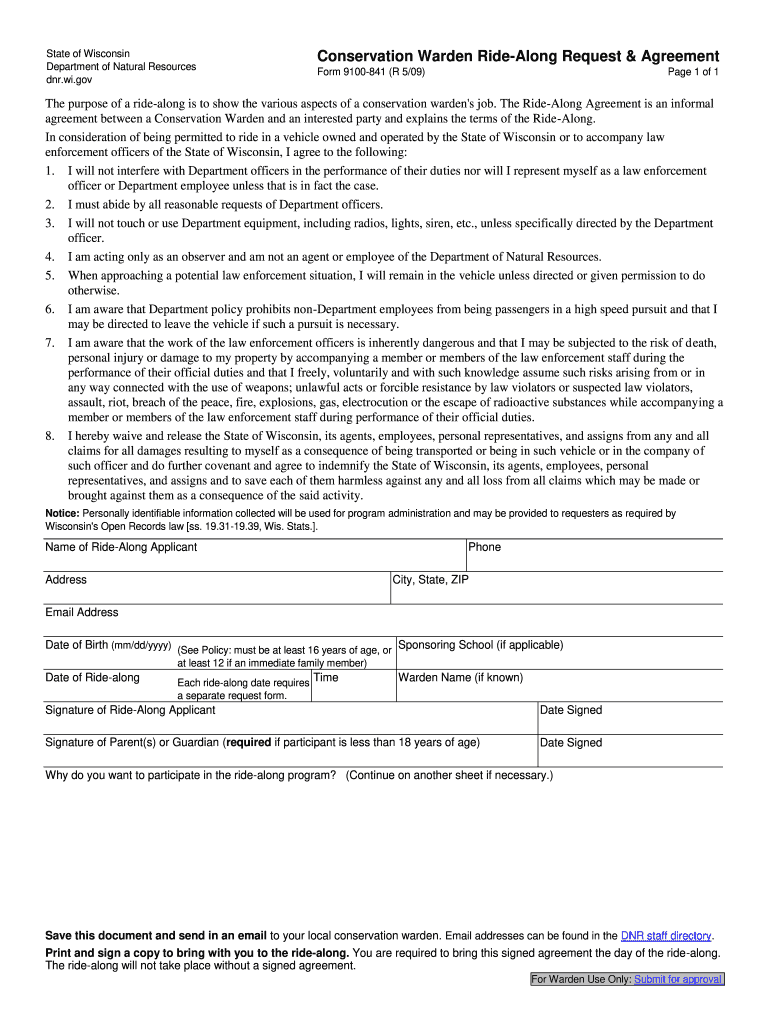  Wisconsin Dnr Ride along Form 2009-2024