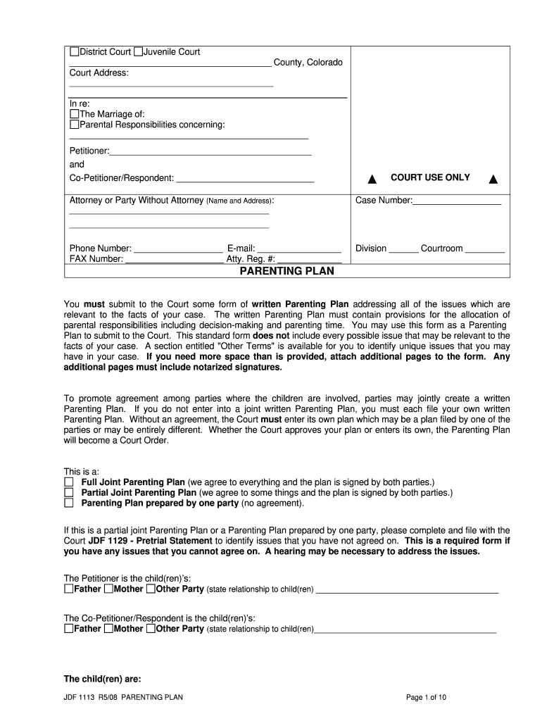  Jdf 1113 R508 Parenting Plan Form 2008