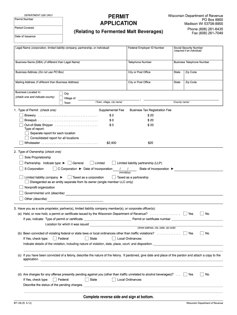  BT 136 Permit Application  Wisconsin Department of Revenue  Revenue Wi 2012
