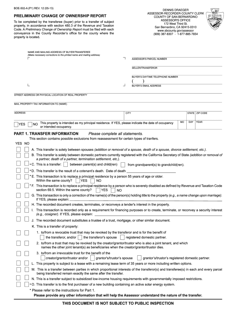 Preliminary Change of Ownership Report San Bernardino County  Form