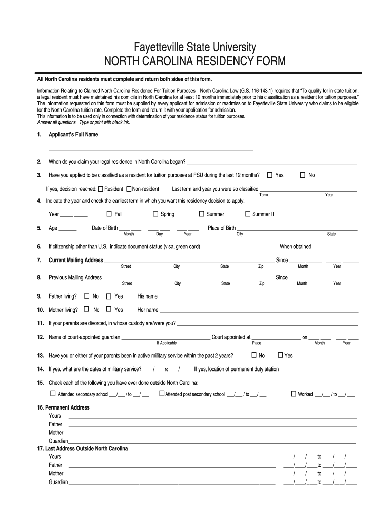 Nc Fayetteville Residency  Form