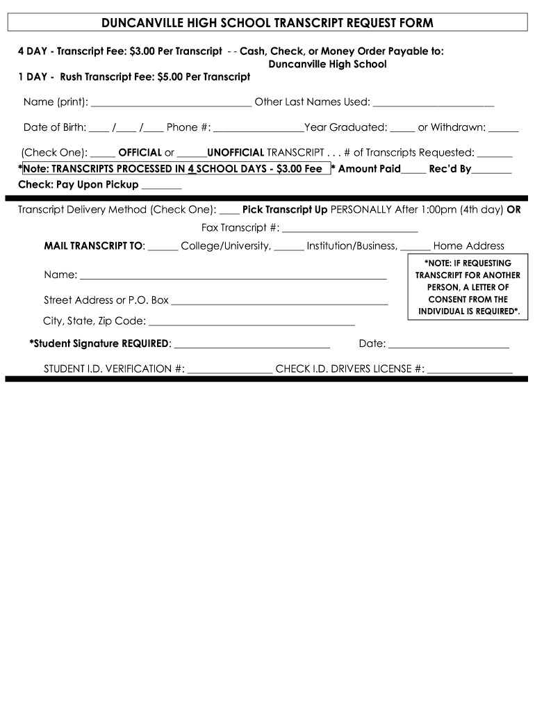 Duncanville High School Transcript  Form