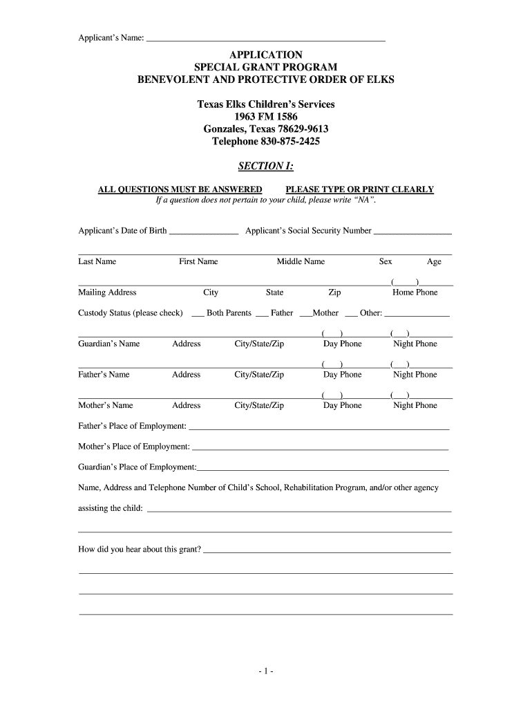 Texas Elks State Association Special Grant Application Form