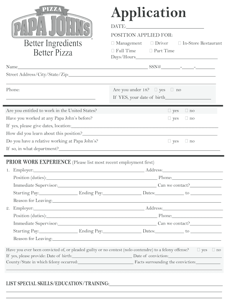 Papa John's Application Online  Form
