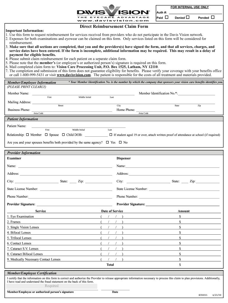 Get and Sign Davis Vision Claim Fax Number Form 2009