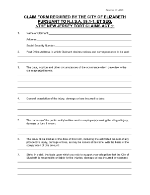  New Jersey Tort Claims Act Njsa 591 1 Et Seq Notice of Claim Form 2005