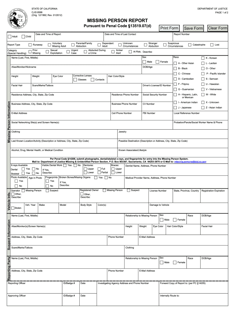  Missing Persons Report Form 2012