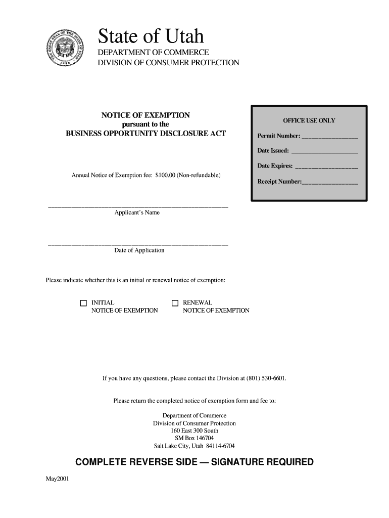  Utah Franchise Exemption Notice 2001-2024