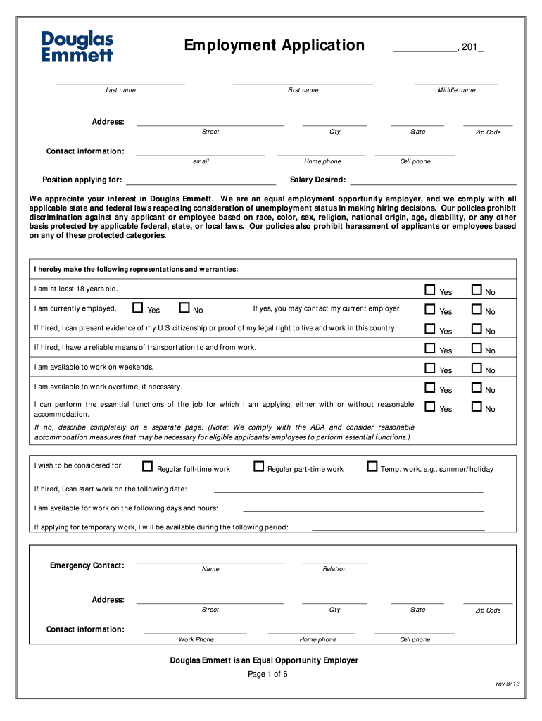 Employment Application Douglas Emmett Form