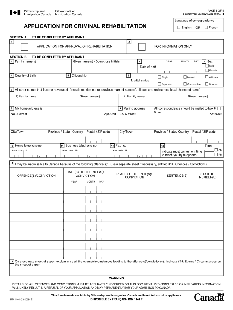  Application for Criminal Rehabilitation Imm 1444 Form 2009