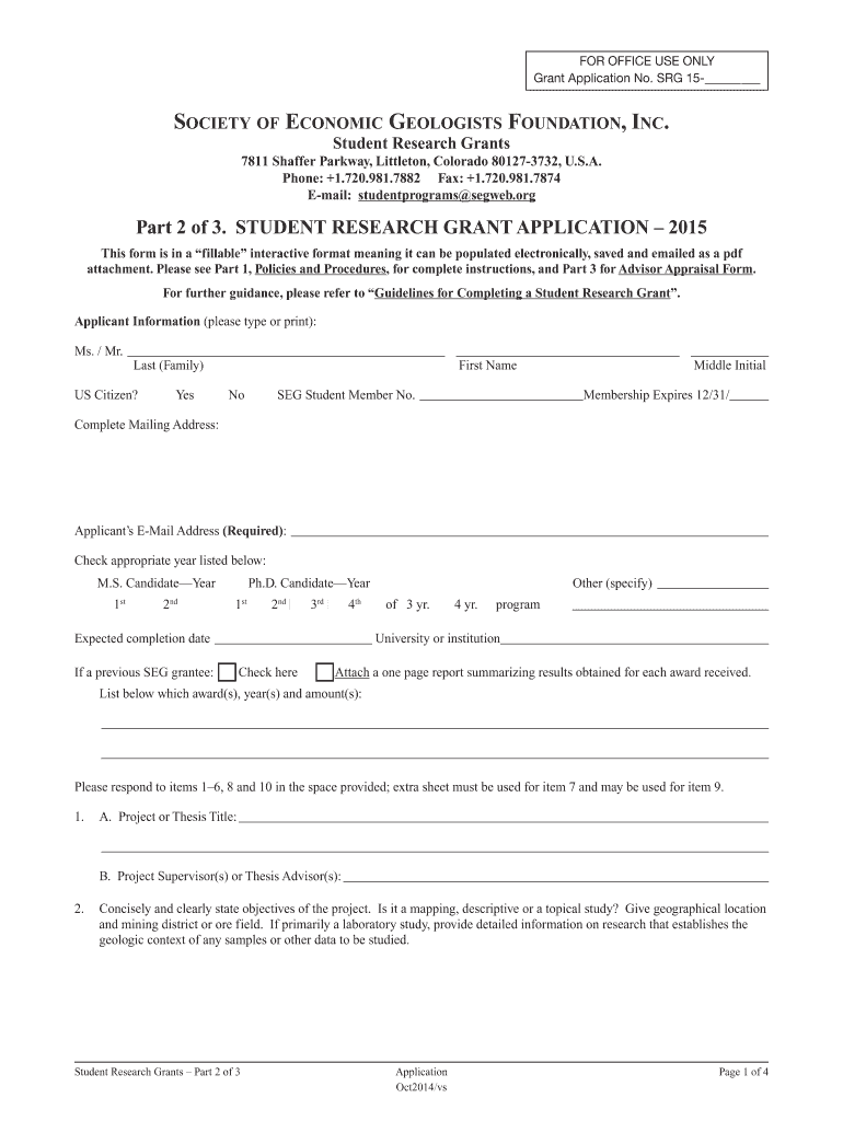 Part 2 of 3 STUDENT RESEARCH GRANT APPLICATION  Form