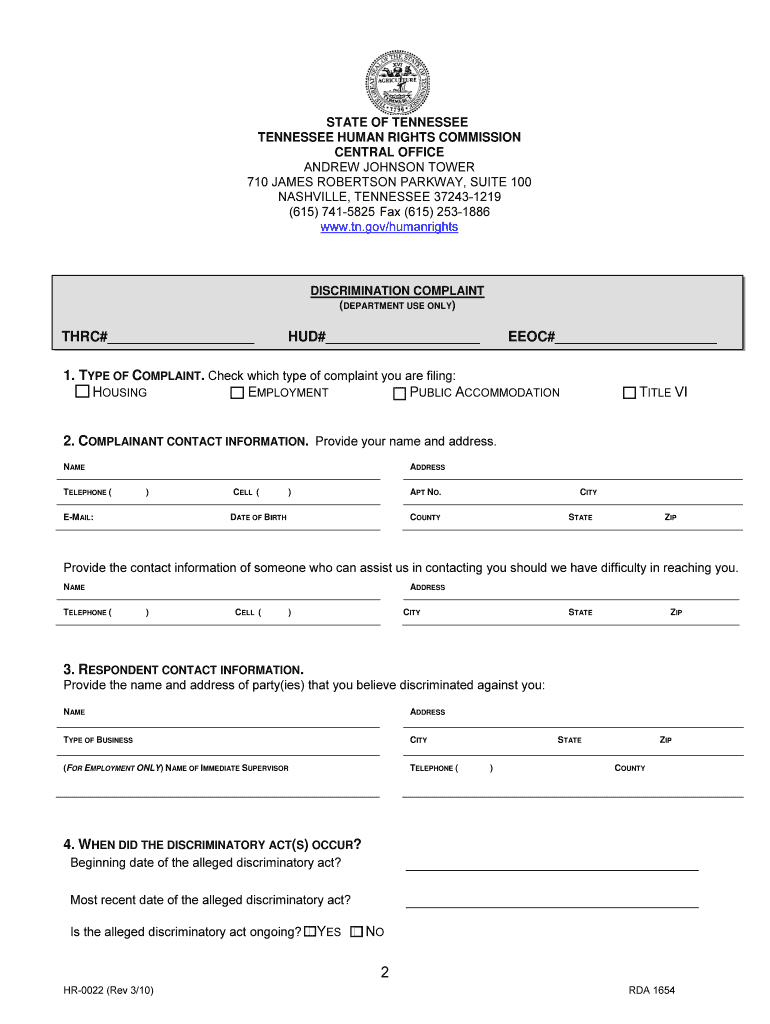 Tennessee Discrimination  Form