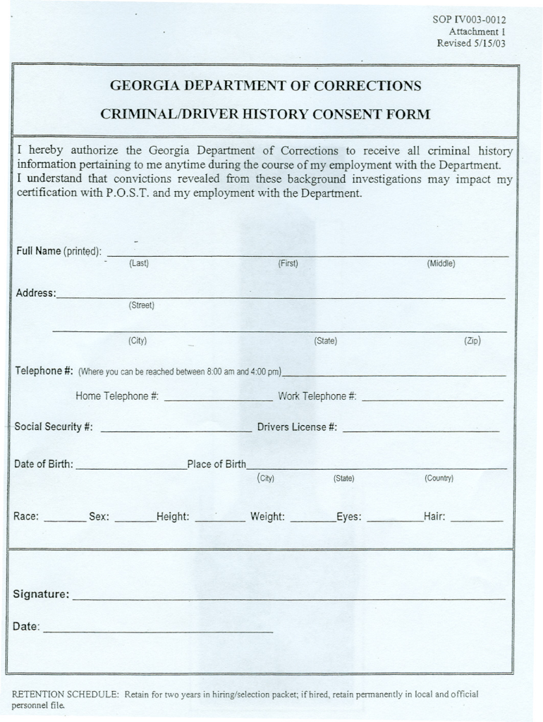 Get and Sign Georgia Department of Corrections Criminaldriver History Consent Form 2003-2022